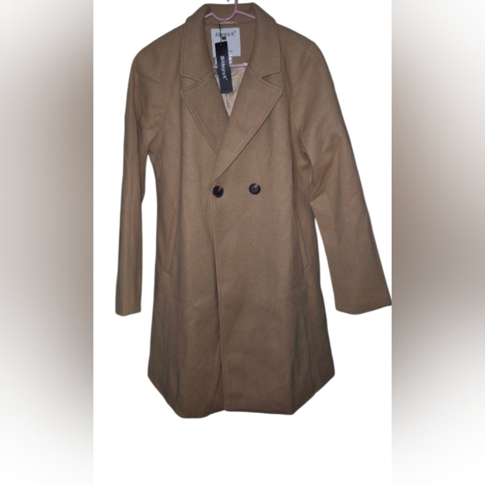 Womens Tan Double-Breasted Coat